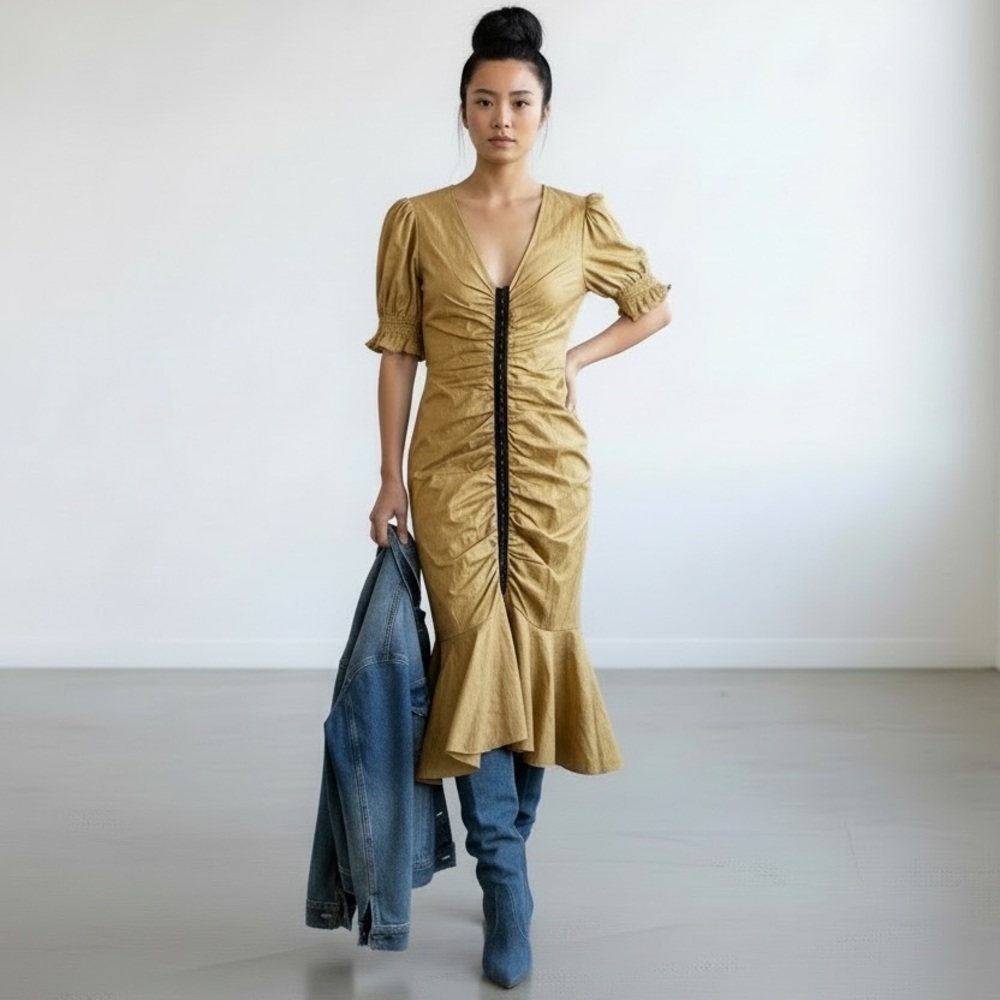 C/MEO Collective Mustard Yellow Ruched Midi Dress | Puff Sleeve Hook-Front Dress